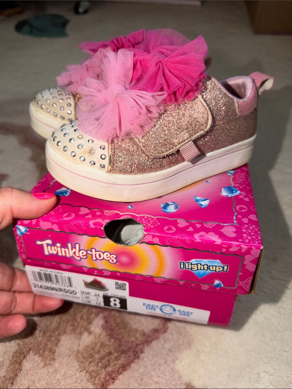 Skechers Twinkle Toes Pink Glitter Light-Up Sneakers with Tulle Flower Accents
